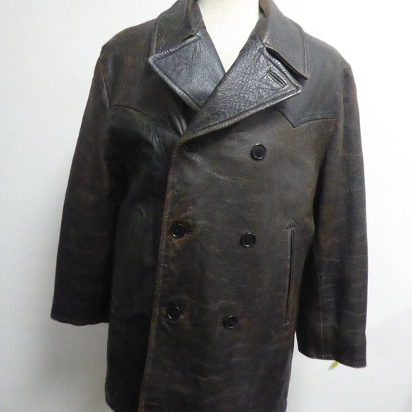 MICHAEL HOBAN NORTH BEACH BROWN LEATHER PEA COAT M - Picture 1 of 12